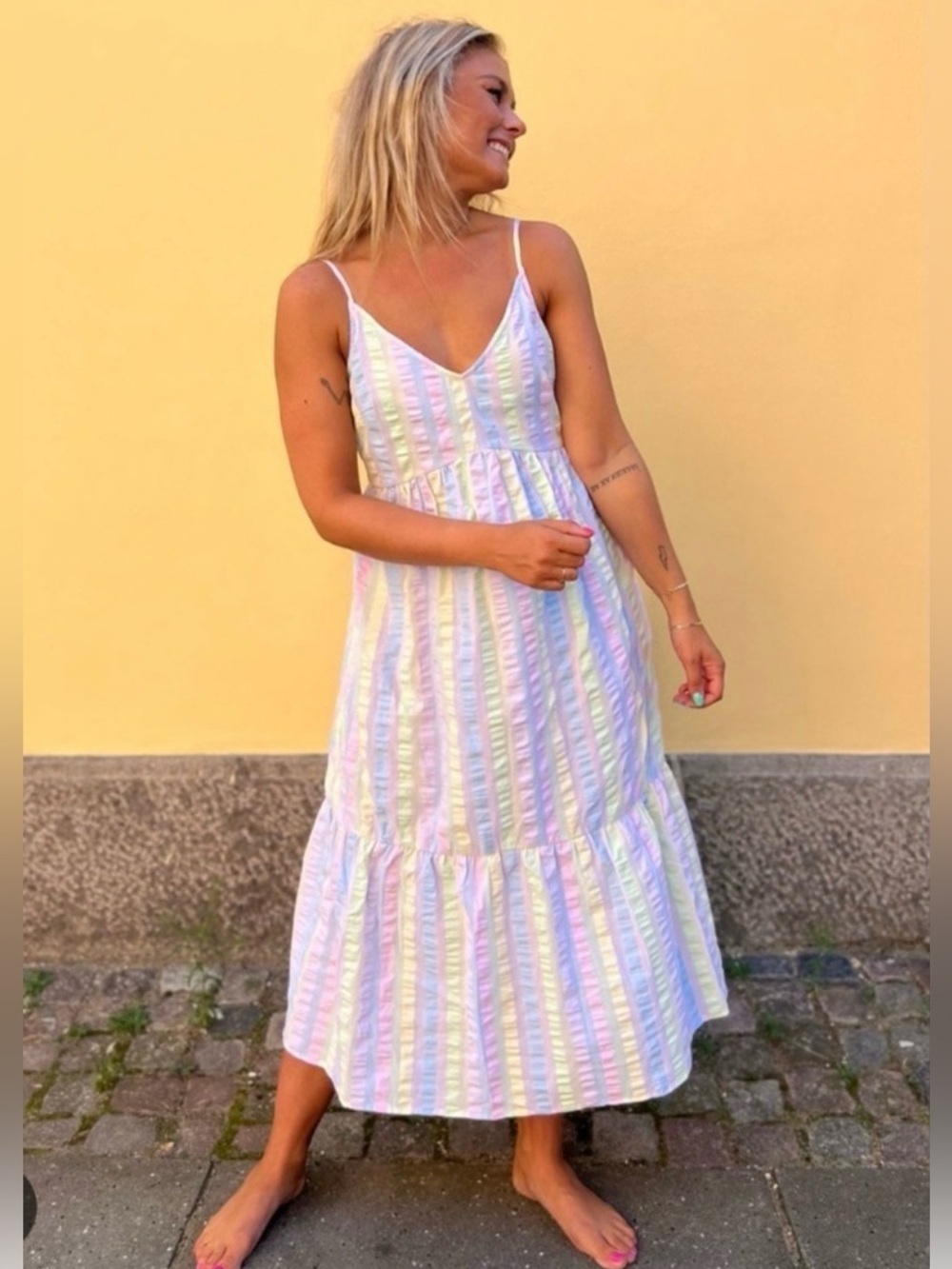Pieces pastel seersucker stripe midi sundress Medium blue floral